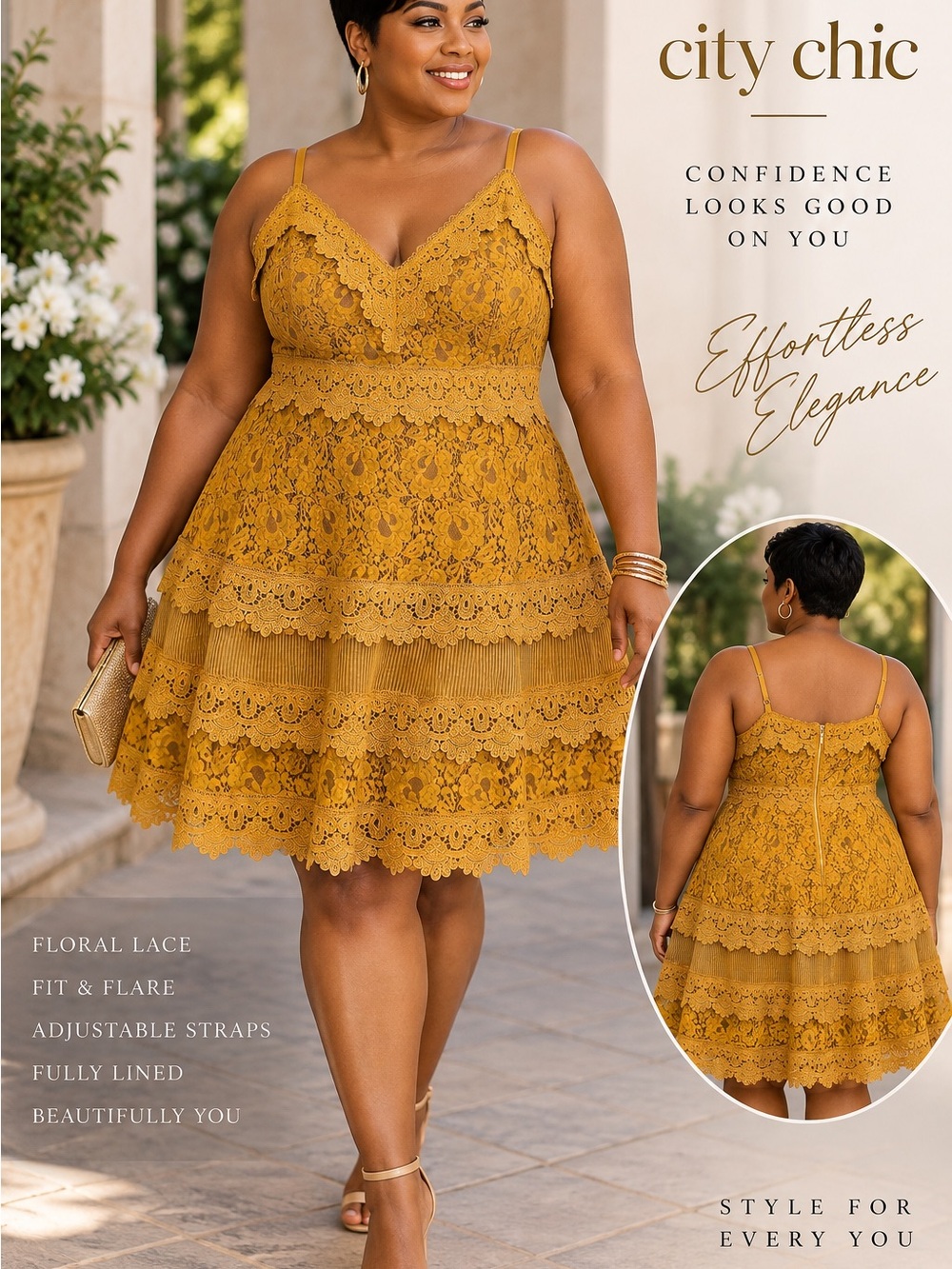 City Chic Size 18 Mustard Gold Floral Lace Fit Flare Cocktail Dress